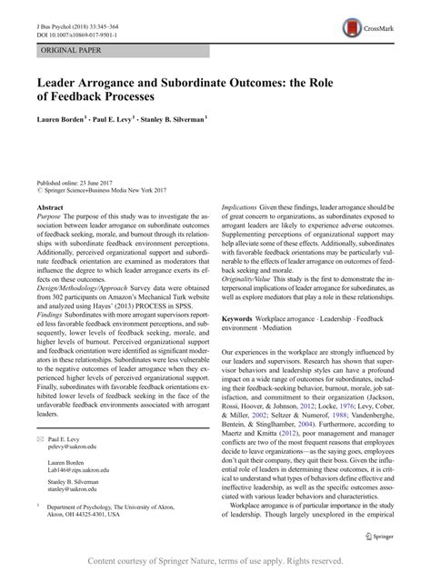 according to most research, subordinate feedback results in:|Leader Arrogance and Subordinate Outcomes: the Role of .